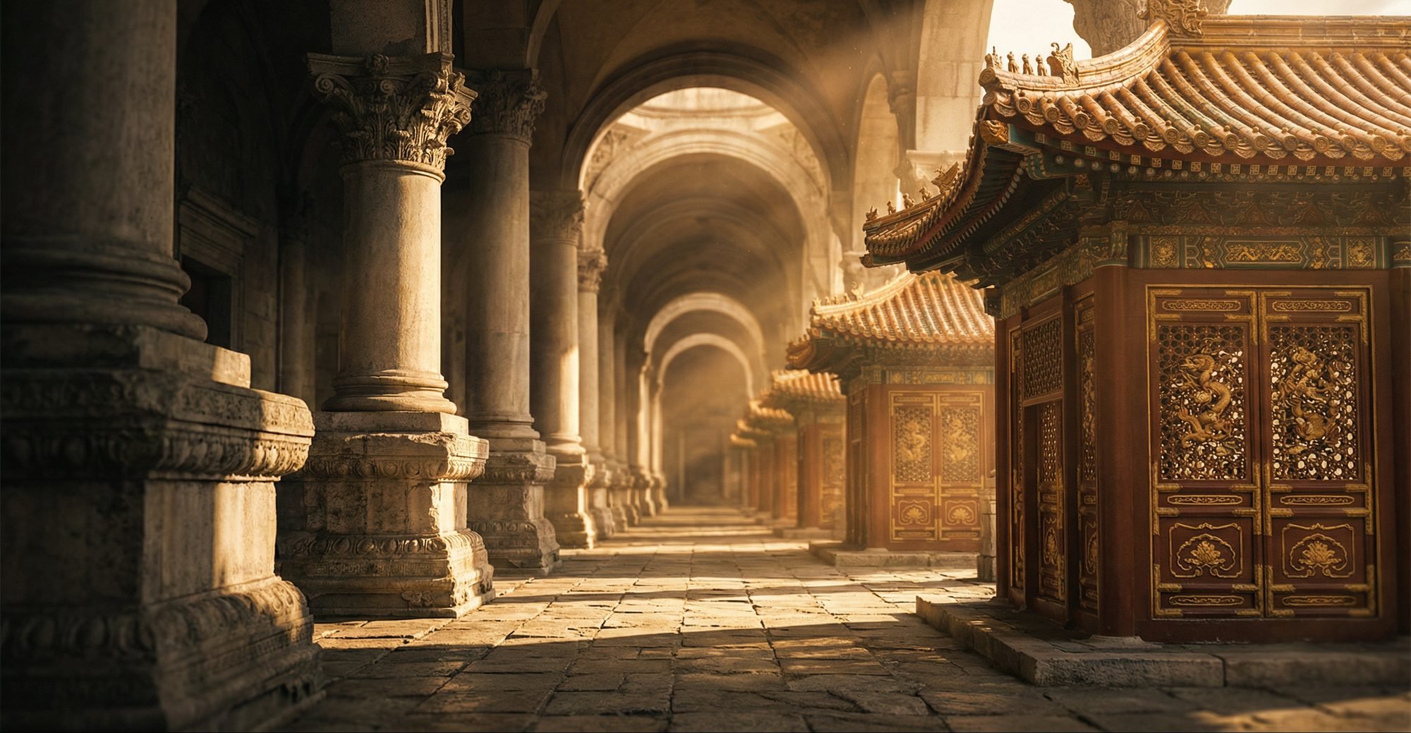 Grand corridor where classical European columns meet ornate Chinese imperial architecture in golden light