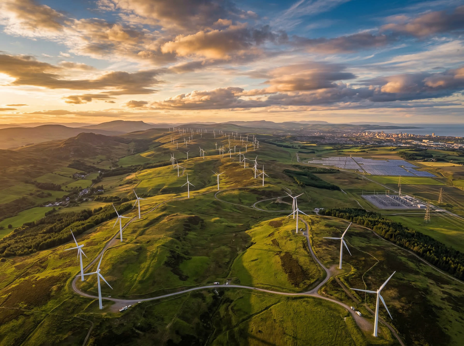 Renewable energy landscape with wind turbines at golden hour
