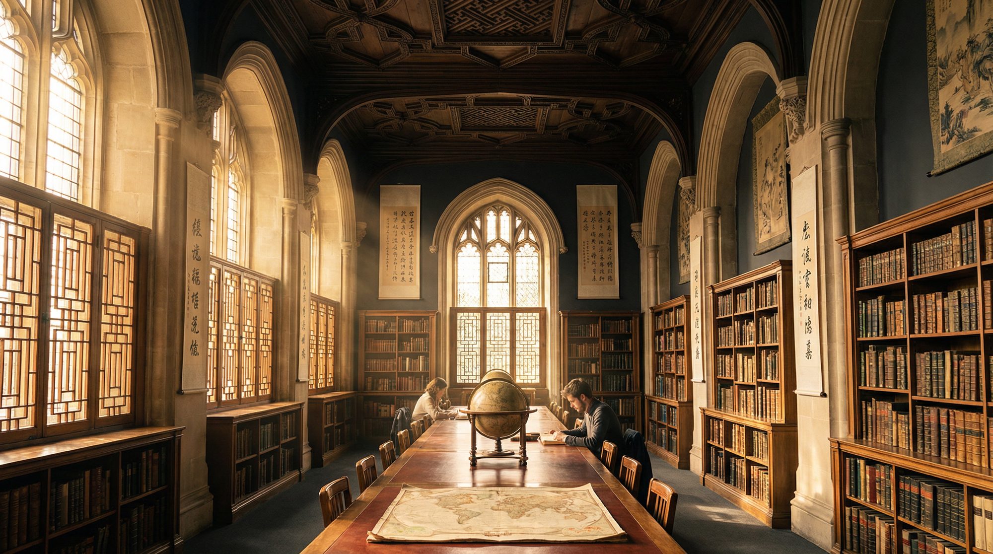 Grand library hall blending Western Gothic architecture with Chinese calligraphy and lattice screens, scholars at a long reading table with a globe