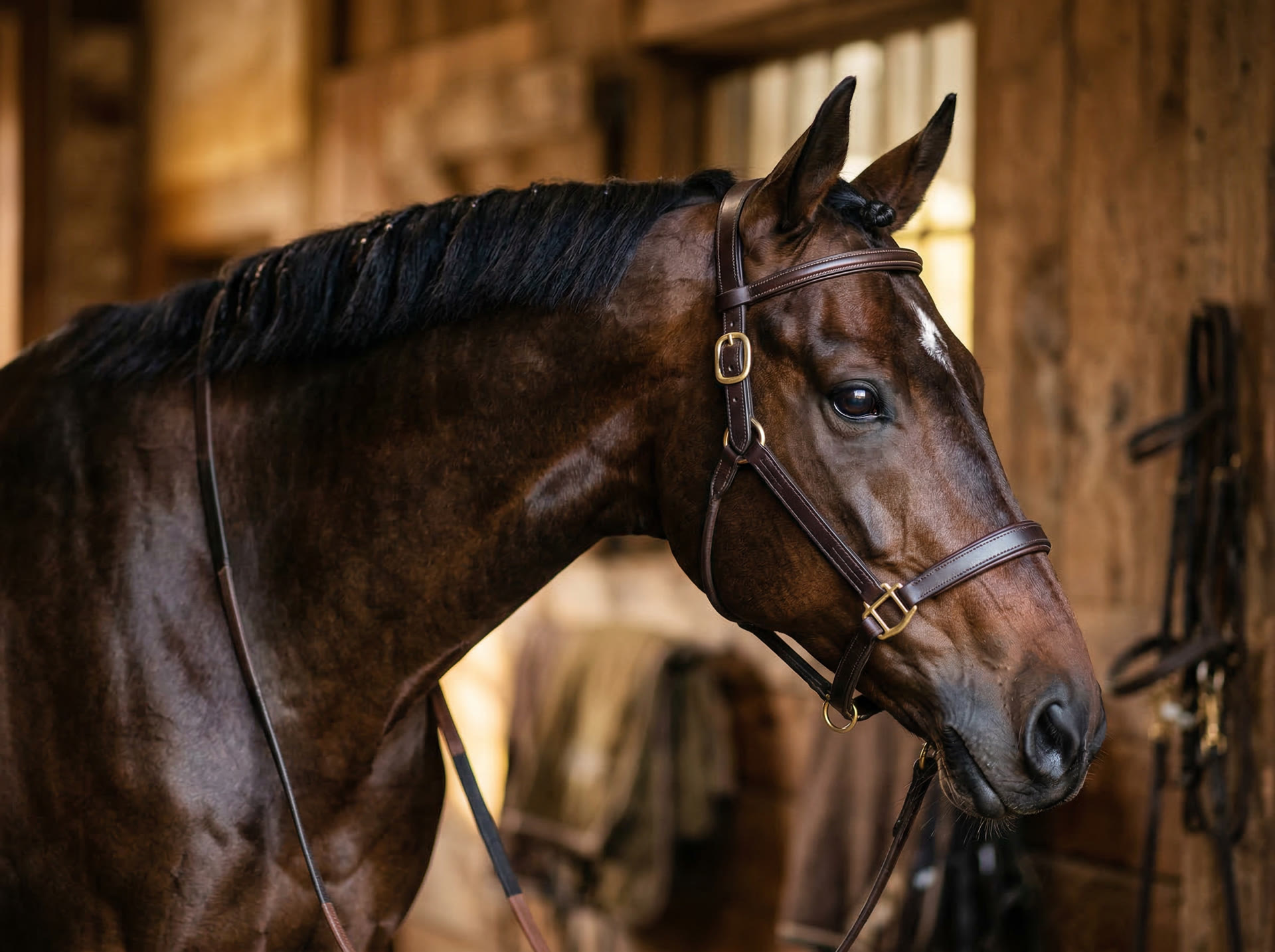 Elegant thoroughbred horse in warm golden light